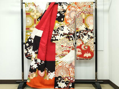 平和屋本店●極上　アンティーク　大正ロマン　振袖　駒刺繍　中国三大刺繍　相良刺繍　飛鶴梅松文　黒地　金銀彩　逸品　CZAA4903s6