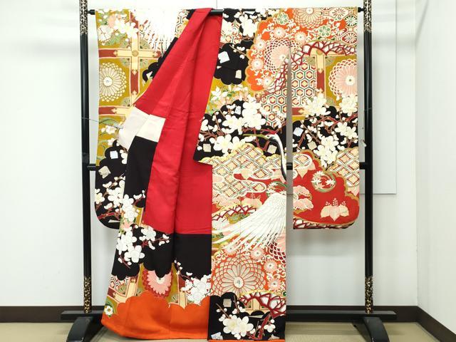 平和屋本店●極上　アンティーク　大正ロマン　振袖　駒刺繍　中国三大刺繍　相良刺繍　飛鶴梅松文　黒地　金銀彩　逸品　CZAA4903s6
