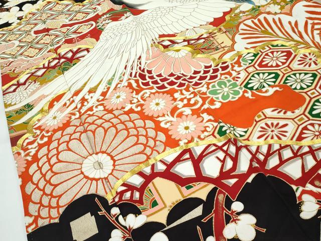 平和屋本店●極上　アンティーク　大正ロマン　振袖　駒刺繍　中国三大刺繍　相良刺繍　飛鶴梅松文　黒地　金銀彩　逸品　CZAA4903s6