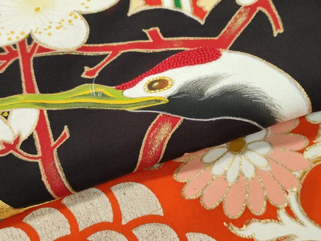 平和屋本店●極上　アンティーク　大正ロマン　振袖　駒刺繍　中国三大刺繍　相良刺繍　飛鶴梅松文　黒地　金銀彩　逸品　CZAA4903s6