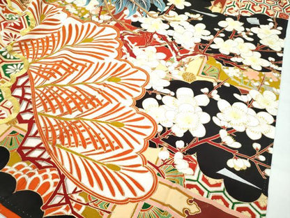 平和屋本店●極上　アンティーク　大正ロマン　振袖　駒刺繍　中国三大刺繍　相良刺繍　飛鶴梅松文　黒地　金銀彩　逸品　CZAA4903s6
