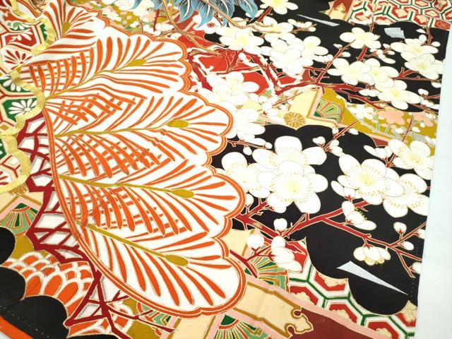 平和屋本店●極上　アンティーク　大正ロマン　振袖　駒刺繍　中国三大刺繍　相良刺繍　飛鶴梅松文　黒地　金銀彩　逸品　CZAA4903s6
