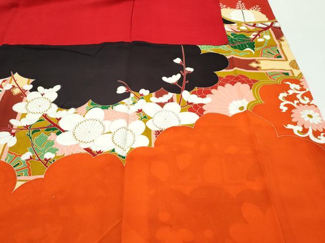 平和屋本店●極上　アンティーク　大正ロマン　振袖　駒刺繍　中国三大刺繍　相良刺繍　飛鶴梅松文　黒地　金銀彩　逸品　CZAA4903s6