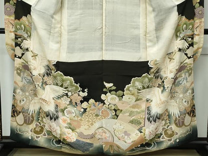 平和屋着物●極上 アンティーク 大正ロマン 振袖 駒刺繍 中国三大刺繍 相良刺繍 飛鶴草花文 暈し染め 黒地 金彩 逸品 CZAA4904s6