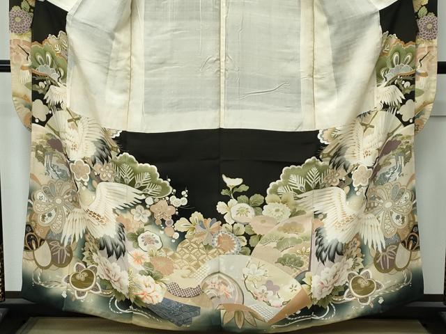 平和屋着物●極上 アンティーク 大正ロマン 振袖 駒刺繍 中国三大刺繍 相良刺繍 飛鶴草花文 暈し染め 黒地 金彩 逸品 CZAA4904s6