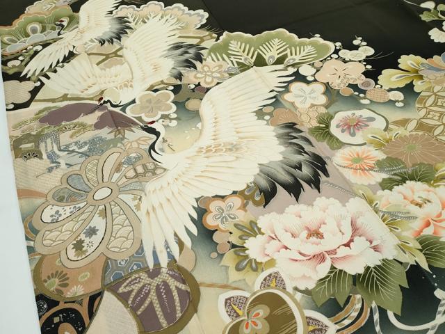 平和屋着物●極上 アンティーク 大正ロマン 振袖 駒刺繍 中国三大刺繍 相良刺繍 飛鶴草花文 暈し染め 黒地 金彩 逸品 CZAA4904s6