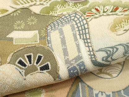 平和屋着物●極上 アンティーク 大正ロマン 振袖 駒刺繍 中国三大刺繍 相良刺繍 飛鶴草花文 暈し染め 黒地 金彩 逸品 CZAA4904s6