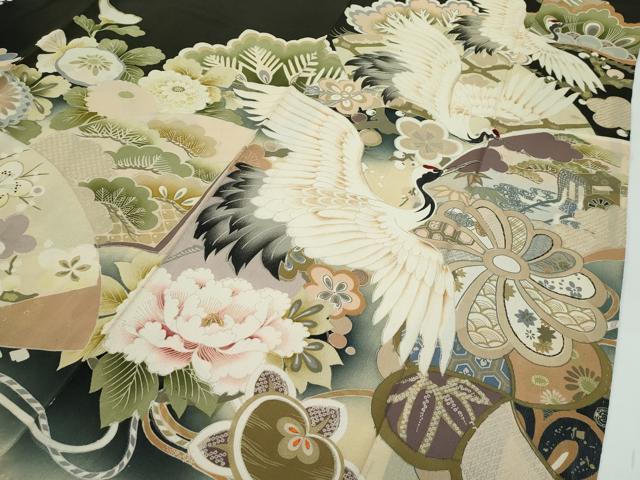 平和屋着物●極上 アンティーク 大正ロマン 振袖 駒刺繍 中国三大刺繍 相良刺繍 飛鶴草花文 暈し染め 黒地 金彩 逸品 CZAA4904s6