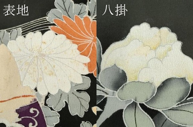 平和屋着物●極上　アンティーク　大正ロマン　振袖　駒刺繍　檜扇風景花文　黒地　金彩　逸品　CZAA4905s6