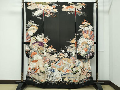 平和屋着物●極上　アンティーク　大正ロマン　振袖　駒刺繍　檜扇風景花文　黒地　金彩　逸品　CZAA4905s6