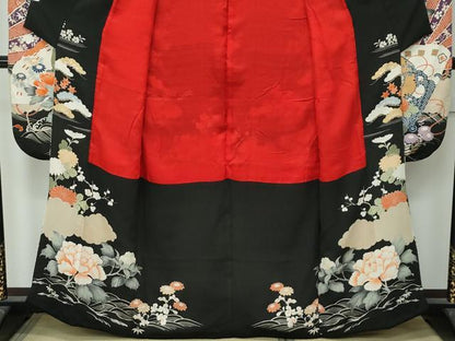 平和屋着物●極上　アンティーク　大正ロマン　振袖　駒刺繍　檜扇風景花文　黒地　金彩　逸品　CZAA4905s6