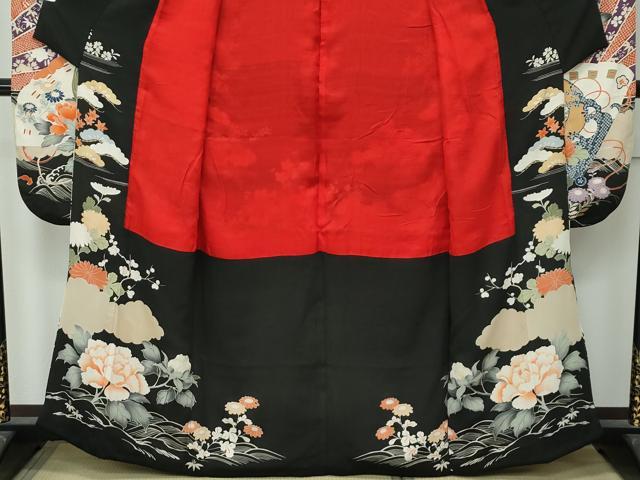 平和屋着物●極上　アンティーク　大正ロマン　振袖　駒刺繍　檜扇風景花文　黒地　金彩　逸品　CZAA4905s6