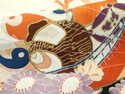 平和屋着物●極上　アンティーク　大正ロマン　振袖　駒刺繍　檜扇風景花文　黒地　金彩　逸品　CZAA4905s6