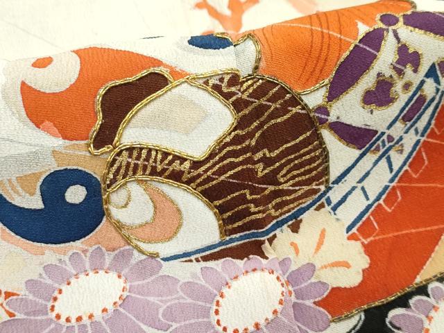 平和屋着物●極上　アンティーク　大正ロマン　振袖　駒刺繍　檜扇風景花文　黒地　金彩　逸品　CZAA4905s6