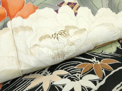 平和屋着物●極上　アンティーク　大正ロマン　振袖　駒刺繍　檜扇風景花文　黒地　金彩　逸品　CZAA4905s6