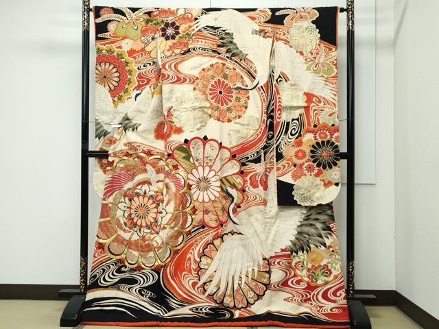 平和屋本店●極上　アンティーク　大正ロマン　振袖　駒刺繍　正倉院飛鶴花文　黒地　金彩　逸品　CZAA4907s6