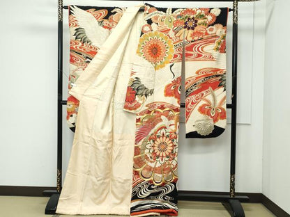 平和屋本店●極上　アンティーク　大正ロマン　振袖　駒刺繍　正倉院飛鶴花文　黒地　金彩　逸品　CZAA4907s6