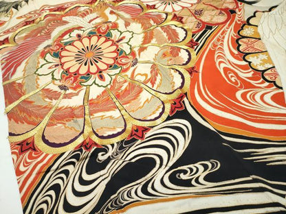 平和屋本店●極上　アンティーク　大正ロマン　振袖　駒刺繍　正倉院飛鶴花文　黒地　金彩　逸品　CZAA4907s6