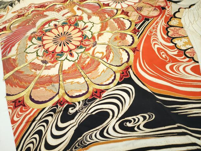 平和屋本店●極上　アンティーク　大正ロマン　振袖　駒刺繍　正倉院飛鶴花文　黒地　金彩　逸品　CZAA4907s6
