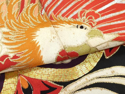平和屋本店●極上　アンティーク　大正ロマン　振袖　駒刺繍　正倉院飛鶴花文　黒地　金彩　逸品　CZAA4907s6