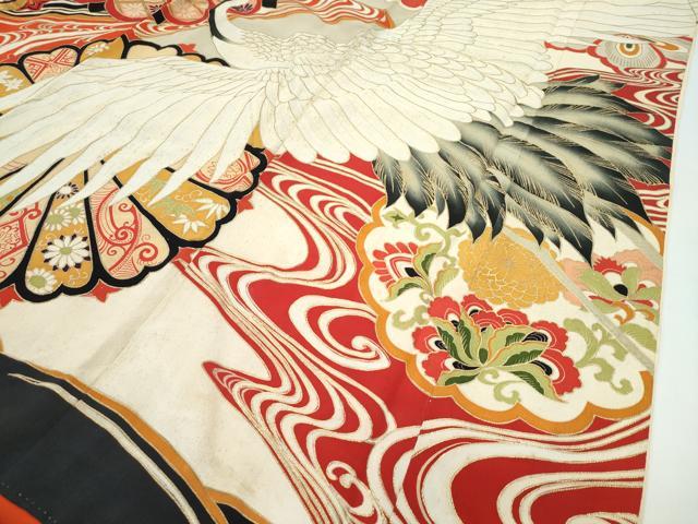 平和屋本店●極上　アンティーク　大正ロマン　振袖　駒刺繍　正倉院飛鶴花文　黒地　金彩　逸品　CZAA4907s6