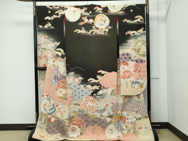 平和屋着物●極上 アンティーク 大正ロマン 振袖 駒刺繍 中国三大刺繍 相良刺繍 鳳凰飛鶴吉祥花 暈し染め 黒地 金彩 逸品 CZAA4908s6