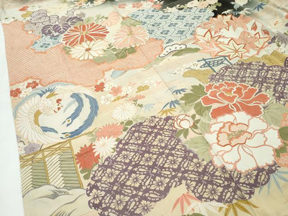 平和屋着物●極上 アンティーク 大正ロマン 振袖 駒刺繍 中国三大刺繍 相良刺繍 鳳凰飛鶴吉祥花 暈し染め 黒地 金彩 逸品 CZAA4908s6