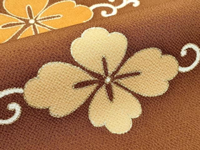平和屋本店●極上　銀座　志ま亀　九寸名古屋帯　花唐草文　金彩　鬼しぼ縮緬　灰茶色地　たとう紙付き　逸品　CZAA4930s6