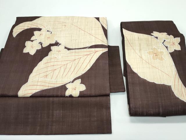 平和屋着物＊極上 夏物 つけ帯 草花文 銀彩 赤墨色地 麻 逸品 CZAA4950s6