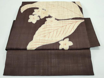平和屋着物＊極上 夏物 つけ帯 草花文 銀彩 赤墨色地 麻 逸品 CZAA4950s6