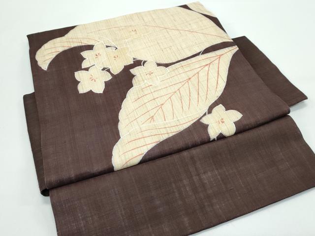 平和屋着物＊極上 夏物 つけ帯 草花文 銀彩 赤墨色地 麻 逸品 CZAA4950s6