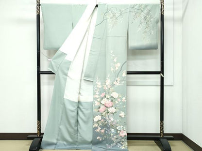 平和屋着物●極上　訪問着　友禅　作家物　枝花文　暈し染め　青白橡色地　逸品　CZAA4977s6