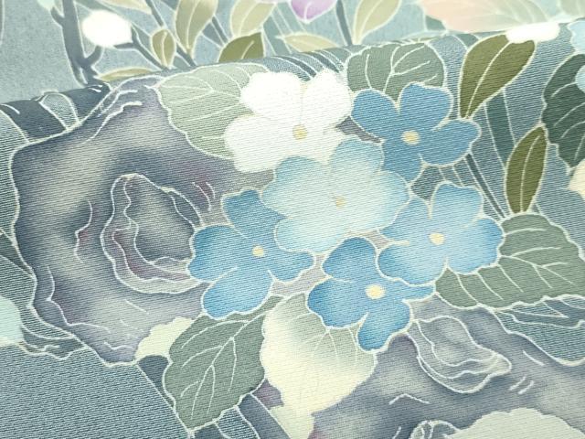 平和屋着物●極上　訪問着　友禅　作家物　枝花文　暈し染め　青白橡色地　逸品　CZAA4977s6