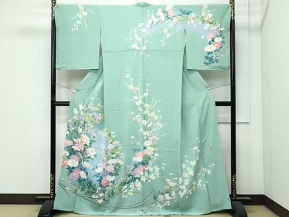 平和屋本店●極上 訪問着 友禅 作家物 草花文 暈し染め 山葵色地 逸品 CZAA4978s6