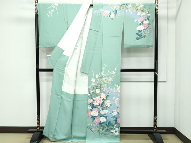 平和屋本店●極上 訪問着 友禅 作家物 草花文 暈し染め 山葵色地 逸品 CZAA4978s6