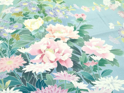 平和屋本店●極上 訪問着 友禅 作家物 草花文 暈し染め 山葵色地 逸品 CZAA4978s6