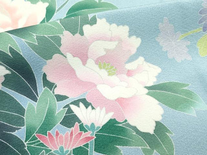 平和屋本店●極上 訪問着 友禅 作家物 草花文 暈し染め 山葵色地 逸品 CZAA4978s6