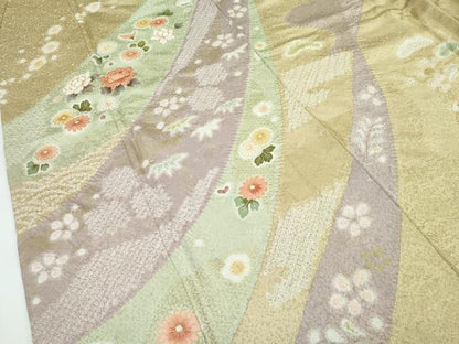 平和屋着物●極上　訪問着　駒刺繍　絞り　松竹梅吉祥草花文　暈し染め　金彩　榛色地　逸品　CZAA4982s6