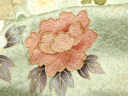 平和屋着物●極上　訪問着　駒刺繍　絞り　松竹梅吉祥草花文　暈し染め　金彩　榛色地　逸品　CZAA4982s6