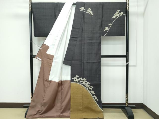 平和屋着物●極上　染織の名門　しょうざん  生紬　訪問着　一珍染　松　檳榔子染色地　逸品　CZAA4994s6