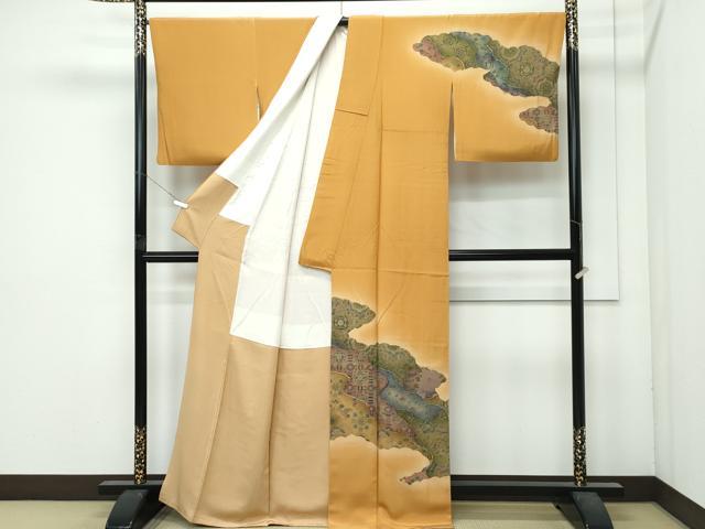 平和屋着物●極上　前田仁仙　仁仙更紗　訪問着　道長正倉院鳳凰花文　暈し染め　狐色地　反端付き　逸品　CZAA4997s6