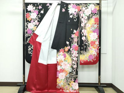 平和屋着物●極上　振袖　刺繍　花蝶文　暈し染め　黒地　金銀彩　逸品　CZAA5002s6