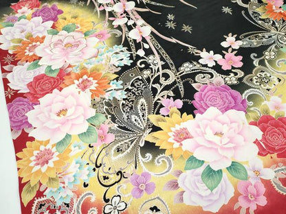 平和屋着物●極上　振袖　刺繍　花蝶文　暈し染め　黒地　金銀彩　逸品　CZAA5002s6