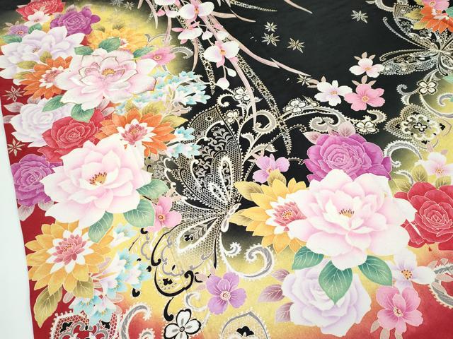 平和屋着物●極上　振袖　刺繍　花蝶文　暈し染め　黒地　金銀彩　逸品　CZAA5002s6
