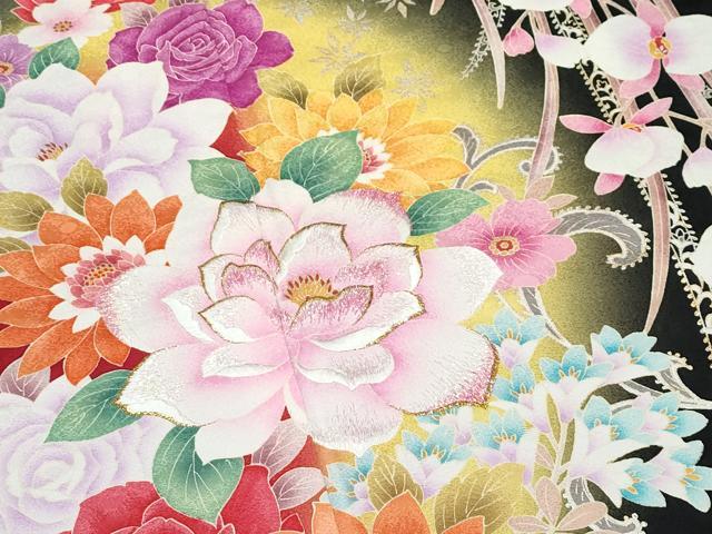 平和屋着物●極上　振袖　刺繍　花蝶文　暈し染め　黒地　金銀彩　逸品　CZAA5002s6