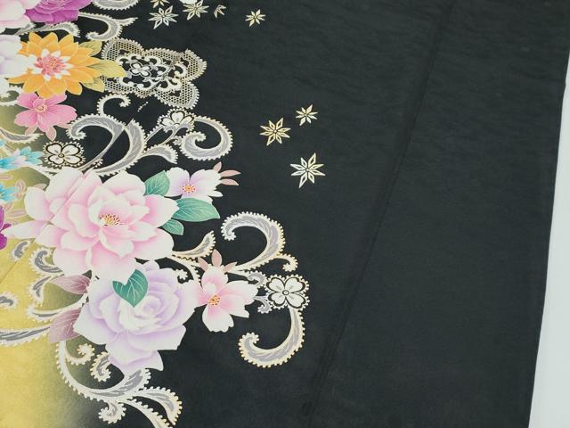 平和屋着物●極上　振袖　刺繍　花蝶文　暈し染め　黒地　金銀彩　逸品　CZAA5002s6
