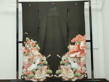 平和屋着物▽極上 アンティーク 単衣 大正ロマン 振袖 駒刺繍 松竹梅檜扇飛鶴花文 黒地 金彩 逸品 CZAA5006s6