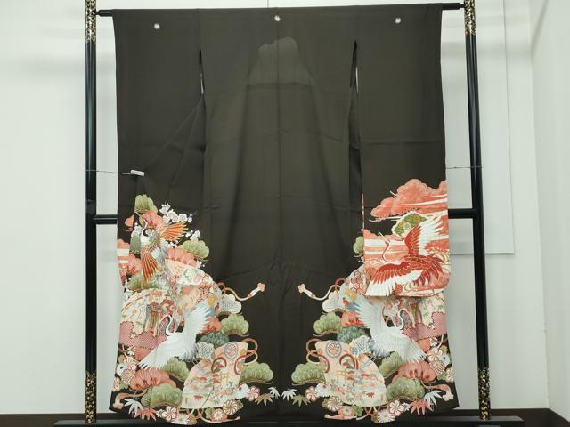 平和屋着物▽極上 アンティーク 単衣 大正ロマン 振袖 駒刺繍 松竹梅檜扇飛鶴花文 黒地 金彩 逸品 CZAA5006s6