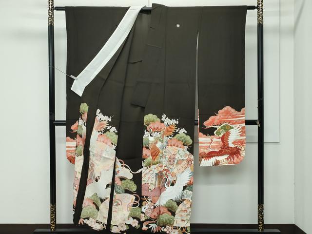 平和屋着物▽極上 アンティーク 単衣 大正ロマン 振袖 駒刺繍 松竹梅檜扇