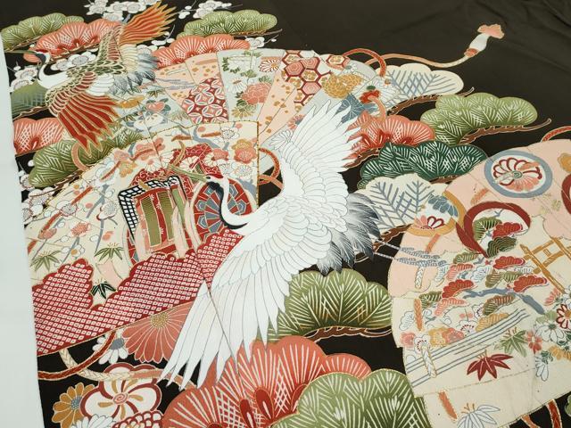 平和屋着物▽極上 アンティーク 単衣 大正ロマン 振袖 駒刺繍 松竹梅檜扇